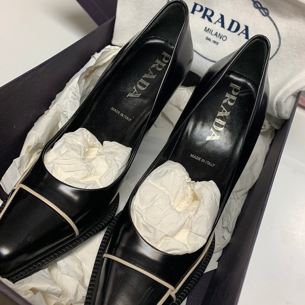 Prada 4 inch heels w/ white stripes